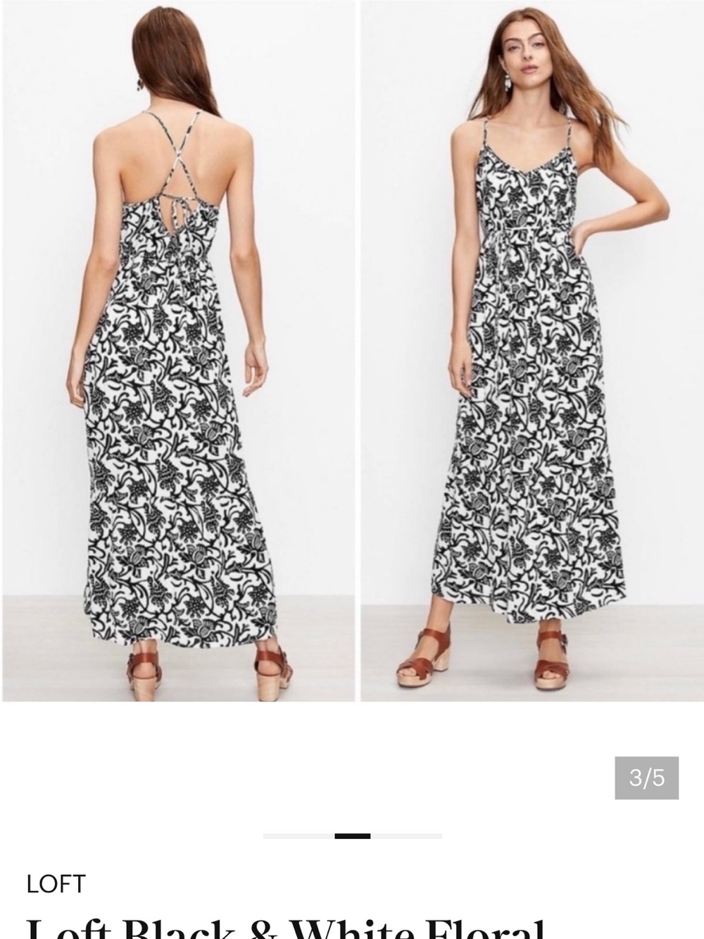 NWT Loft Black and White Floral Strappy Maxi Dress Beach Vacation Petite Large